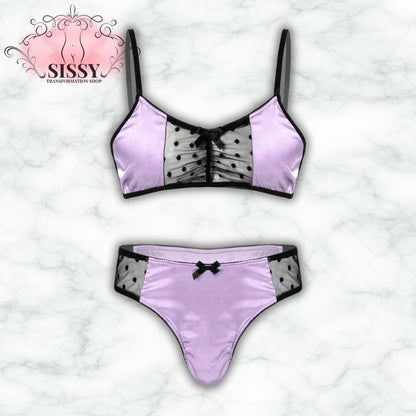 Ensemble lingerie satin & mesh pour homme en lavande avec des détails en noir et à pois