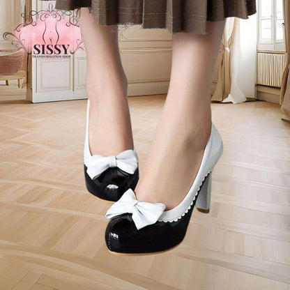 Escarpins à nœud sissy noirs et blancs élégants avec talons moyens pour femmes