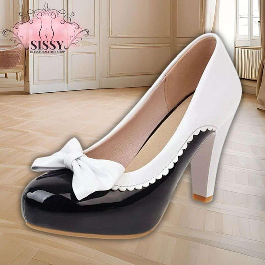 Escarpins à nœud sissy bicolores noir et blanc avec talon moyen élégants de Sissy Transformation Shop
