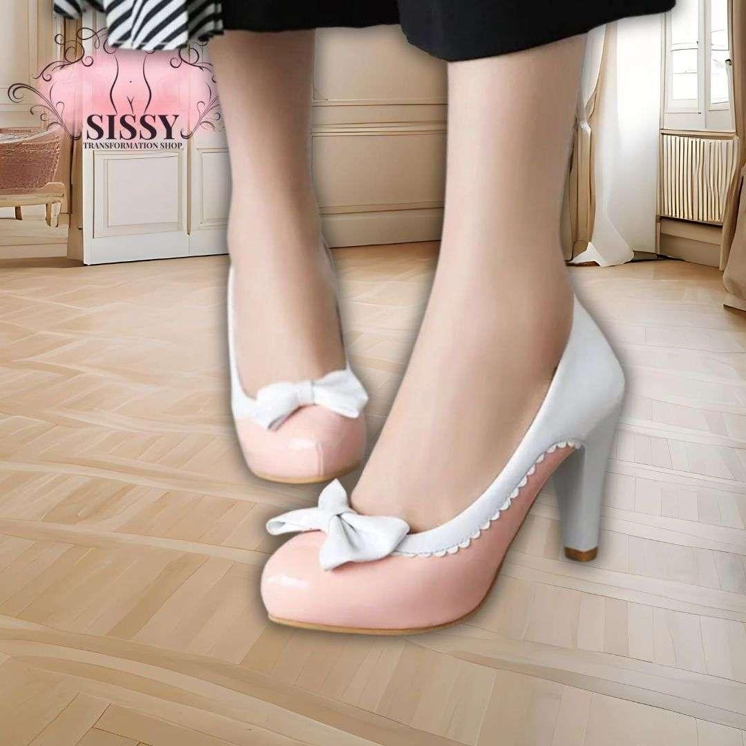 Escarpins à nœud sissy en cuir rose et blanc avec talons hauts adaptés à un style élégant