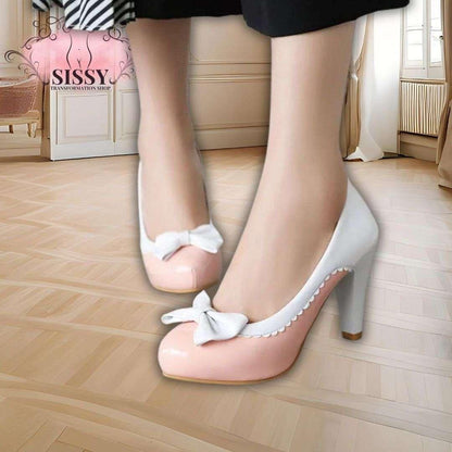 Escarpins à nœud sissy en cuir rose et blanc avec talons hauts adaptés à un style élégant