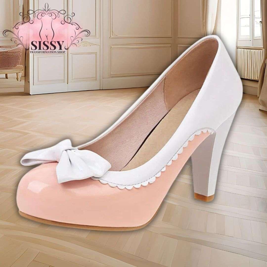 Escarpins à nœud sissy en rose et blanc avec talon moyen pour un style élégant