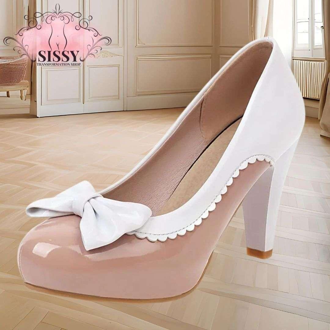 Escarpins à nœud sissy en cuir verni rose et blanc avec talon moyen élégants
