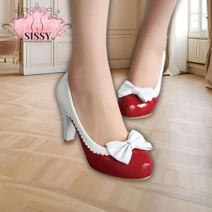 Escarpins à nœud sissy rouges et blancs brillants élégants à talons moyens