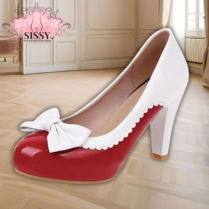 Escarpins à nœud sissy rouges et blancs élégants avec talon moyen pour occasions spéciales