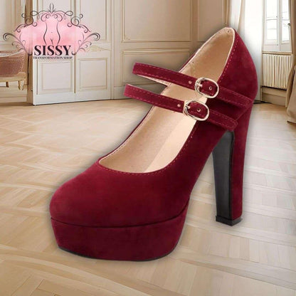 Escarpins à Talon Sissy en velours bordeaux avec double bride et talon carré haut