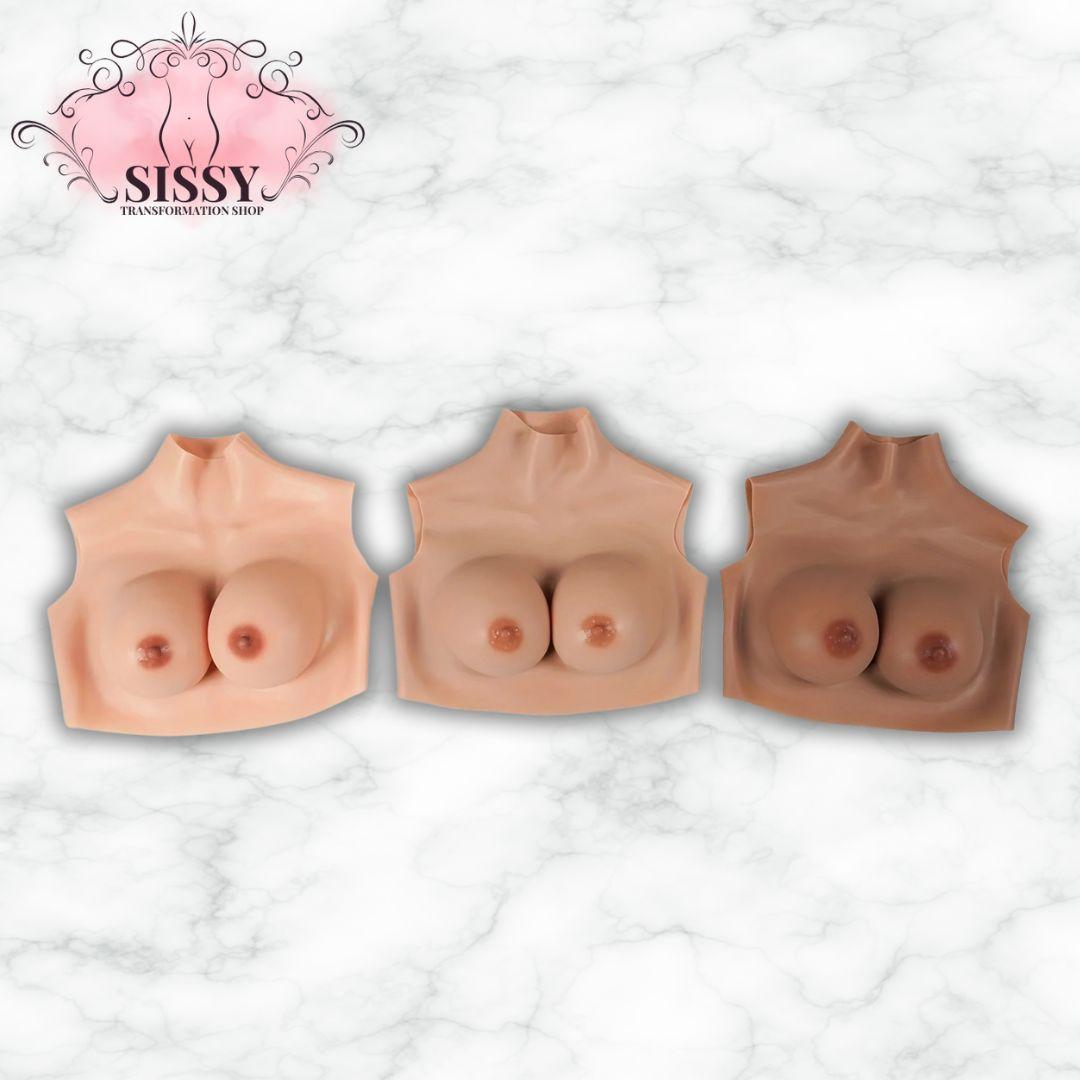 Faux seins silicone bonnet D disponibles en trois teintes différentes pour transformation réaliste
