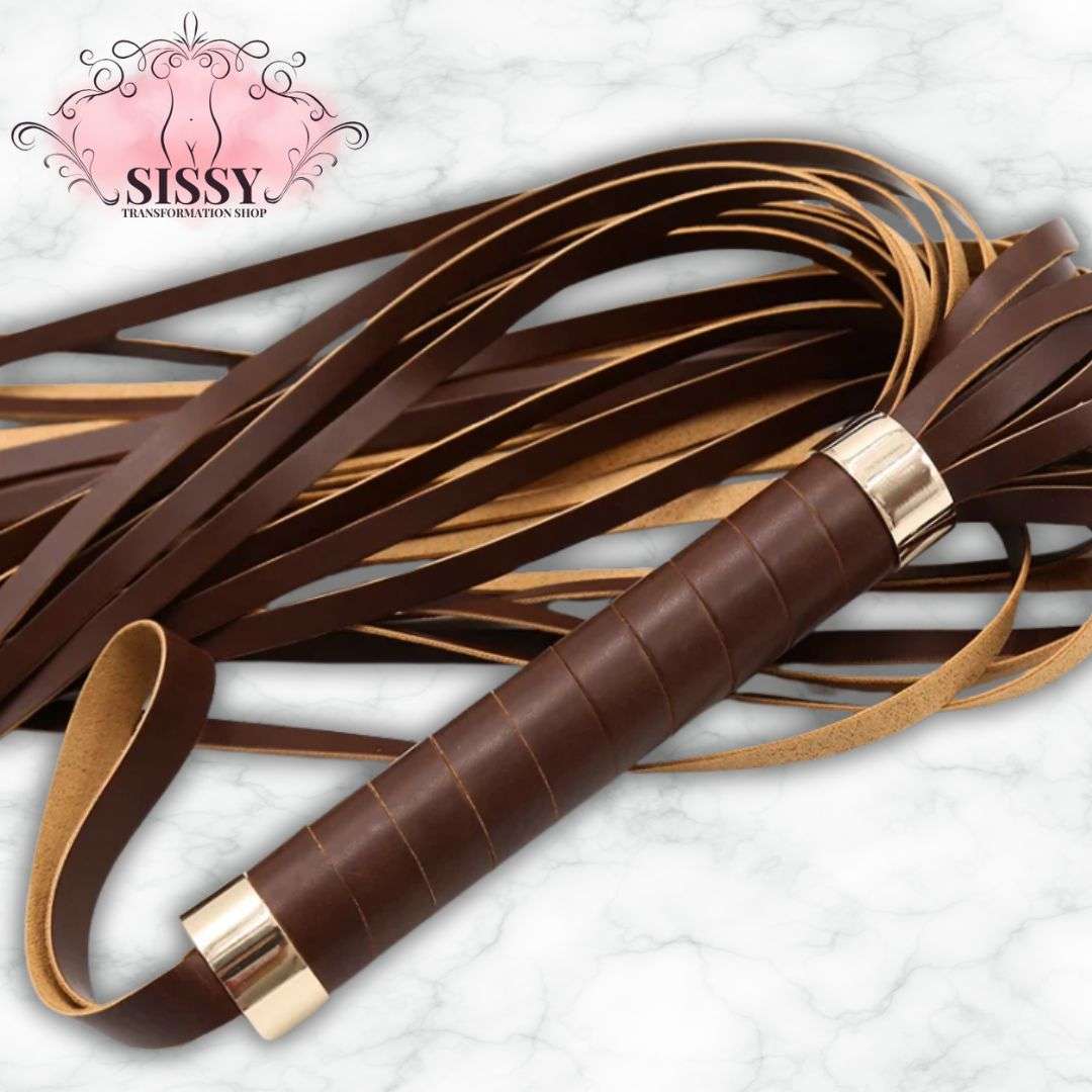 Fouet BDSM en cuir PU marron avec poignée enveloppée et multiple lanières fines pour accessoires Sissy Transformation Shop