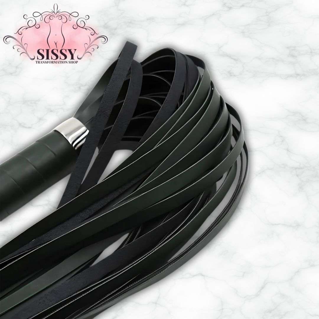 Fouet BDSM en cuir PU noir avec plusieurs lanières et poignée ergonomique de Sissy Transformation Shop