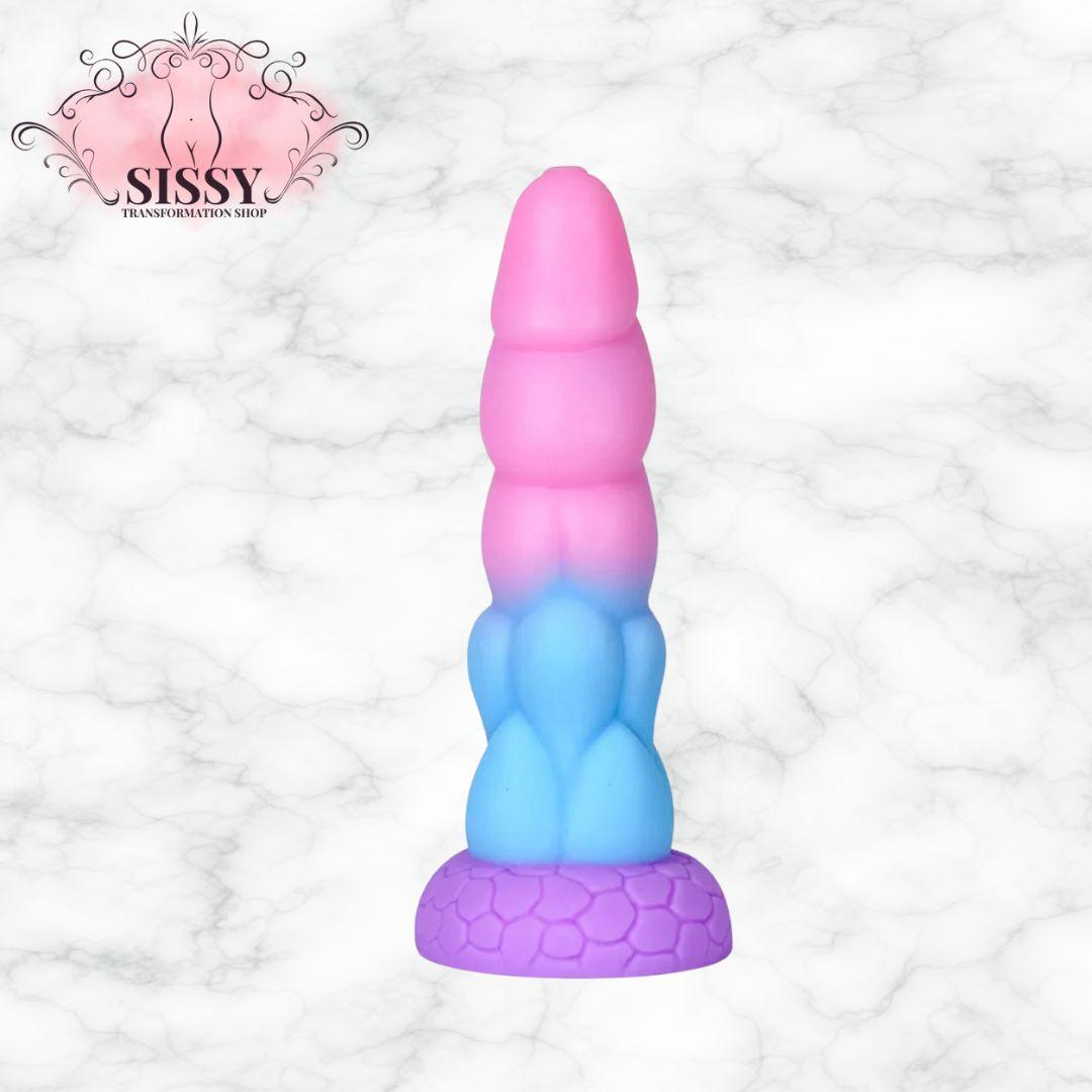 Gode monstre réaliste rose bleu violet avec base texturée proposé par Sissy Transformation Shop
