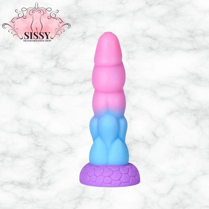Gode monstre réaliste rose bleu violet avec base texturée proposé par Sissy Transformation Shop