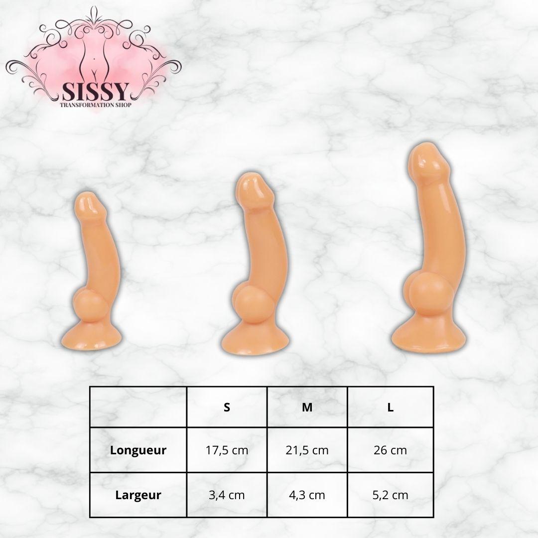 Gode XXL Avec Ventouse taille S M L couleur chair présenté sur fond marbre avec tableau des dimensions