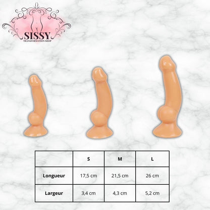 Gode XXL Avec Ventouse taille S M L couleur chair présenté sur fond marbre avec tableau des dimensions