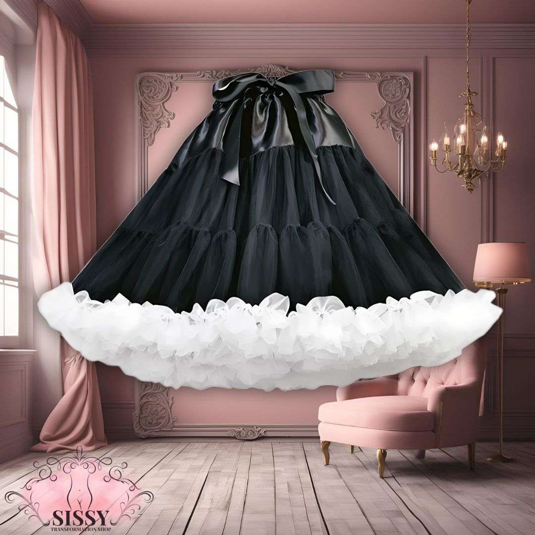 Jupon Fluffy noir avec bordure blanche volumineuse et grand ruban satin élégant