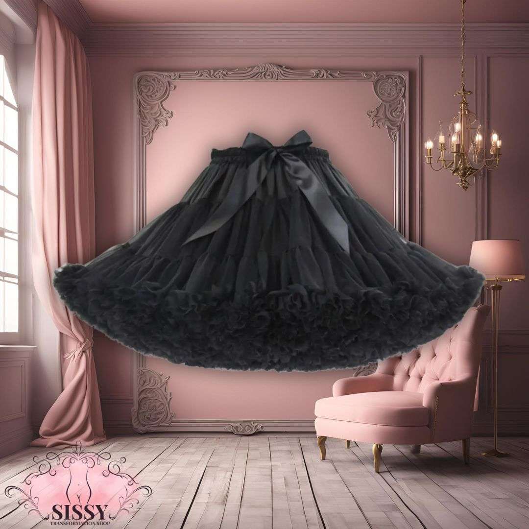 Jupon Fluffy noir avec volants et grand nœud, lingerie élégante Sissy Transformation Shop