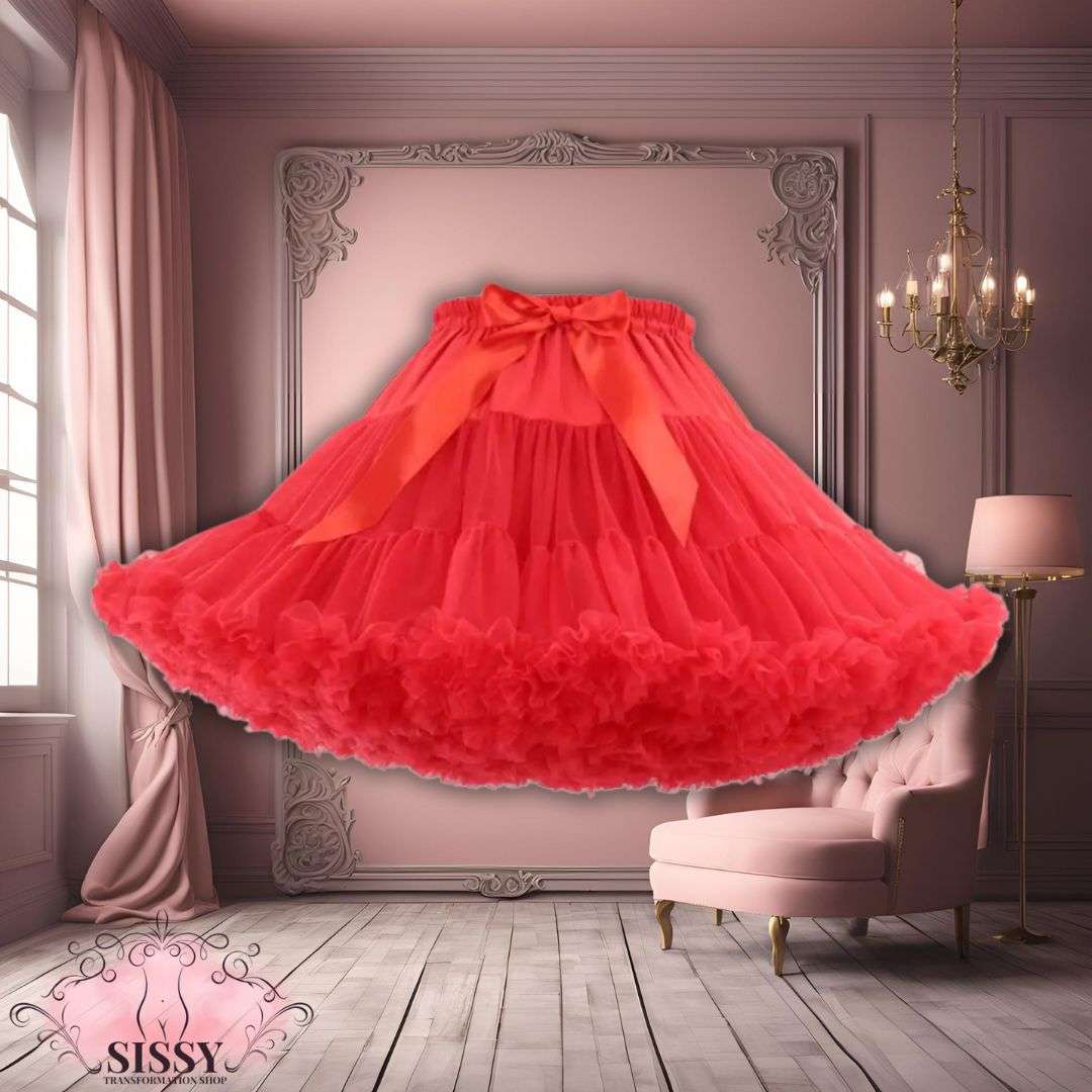 Jupon Fluffy rouge vif avec nœud large pour une tenue de lingerie élégante Sissy Transformation Shop