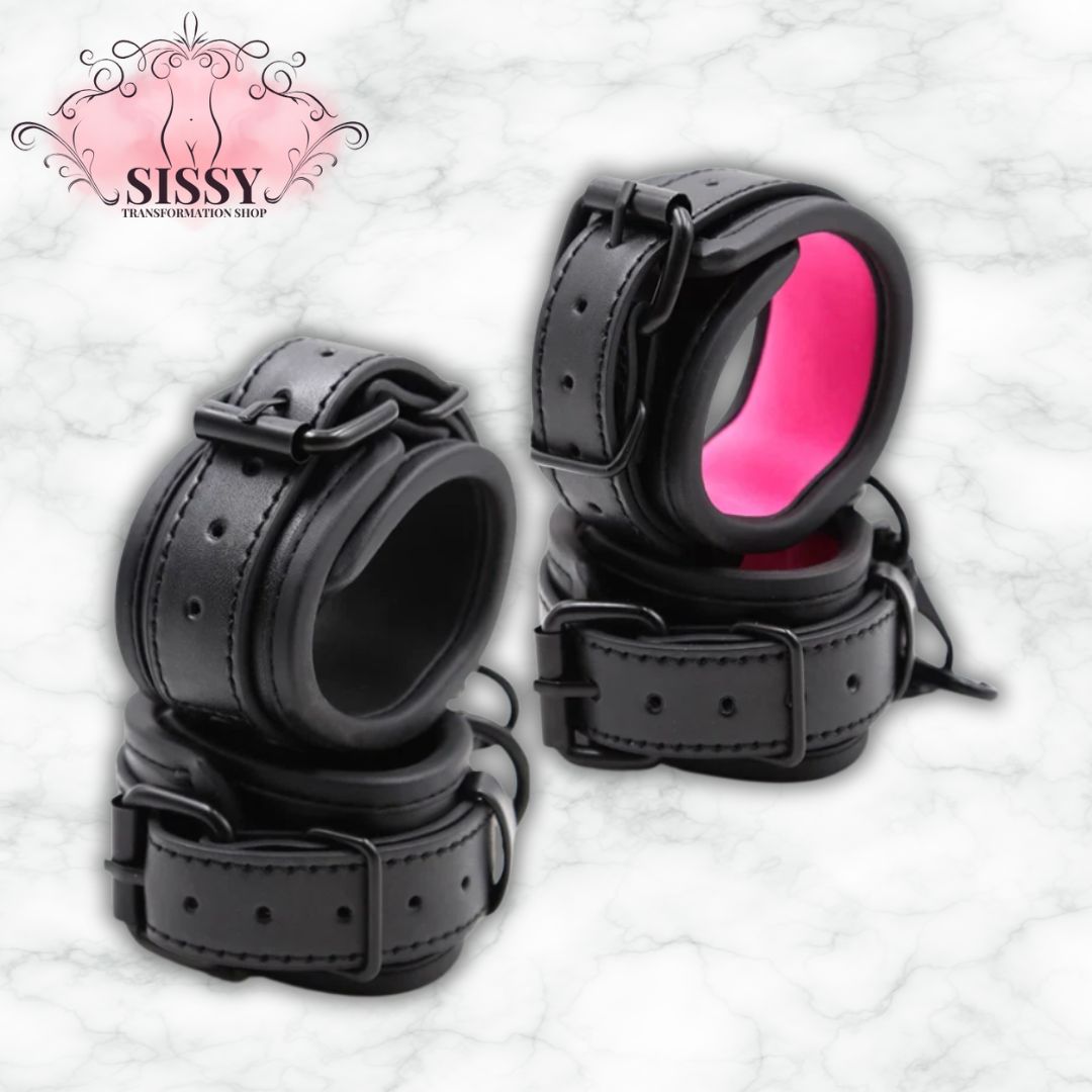 Menottes en cuir PU ajustables noires avec intérieur rose pour accessoire de bondage