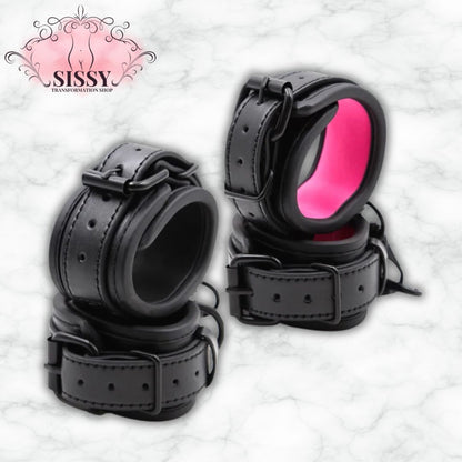 Menottes en cuir PU ajustables noires avec intérieur rose pour accessoire de bondage