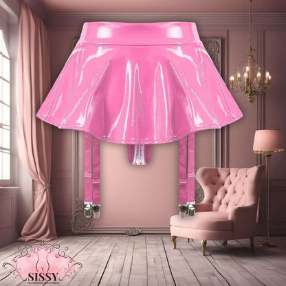 Mini Jupe Sissy en Similicuir rose brillant avec jarretelles suspendues dans un salon élégant