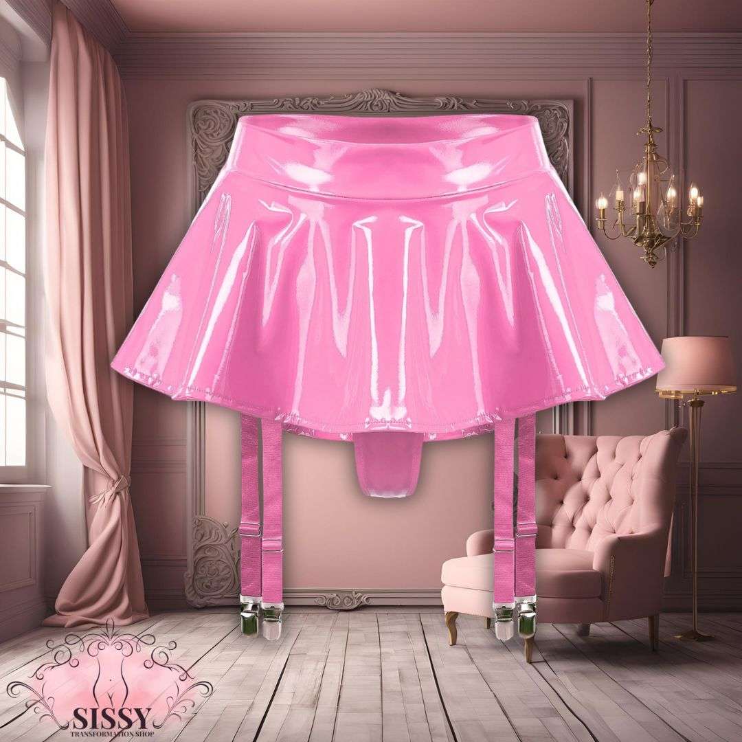 Mini Jupe Sissy en Similicuir rose brillant avec jarretelles ajustables pour un style audacieux