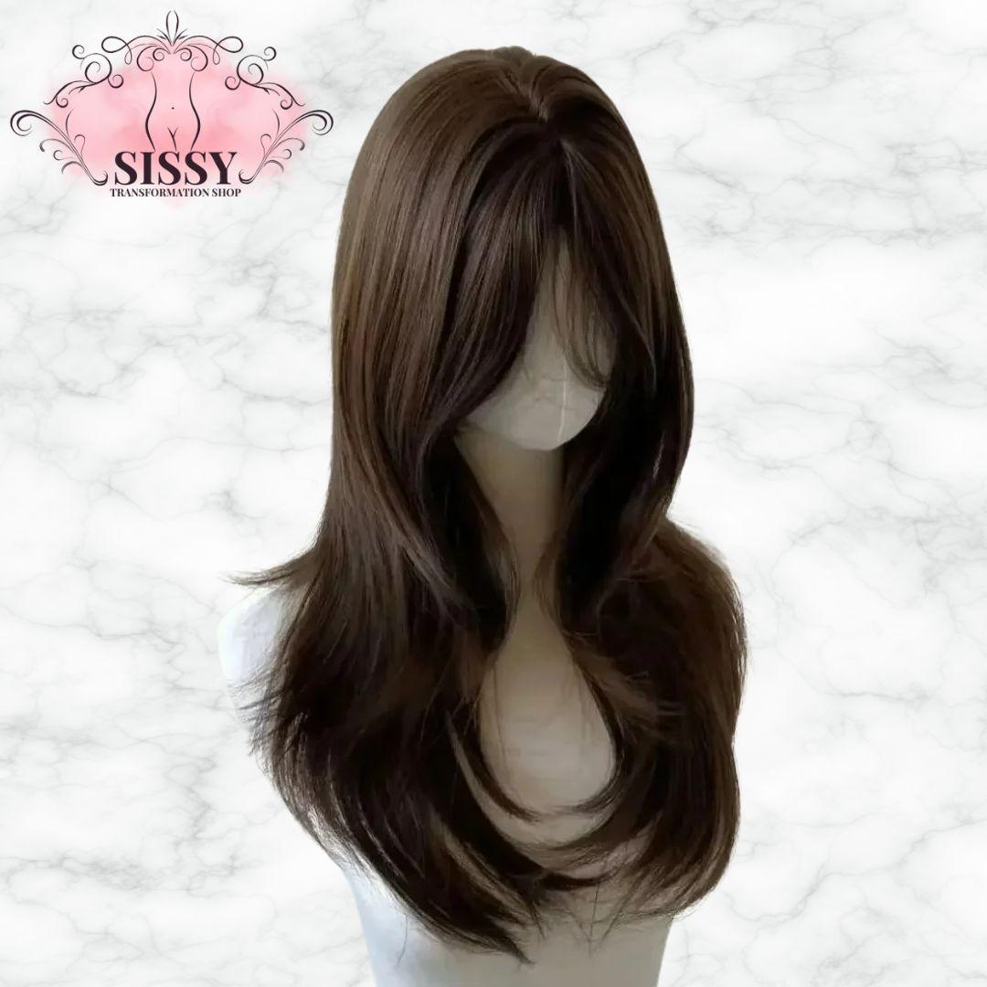Perruque Sissy marron longue avec des mèches douces et lisses pour un look élégant