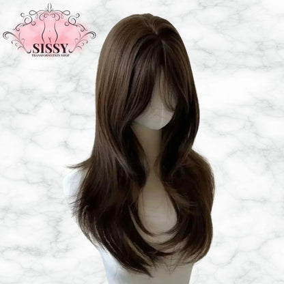 Perruque Sissy marron longue avec des mèches douces et lisses pour un look élégant