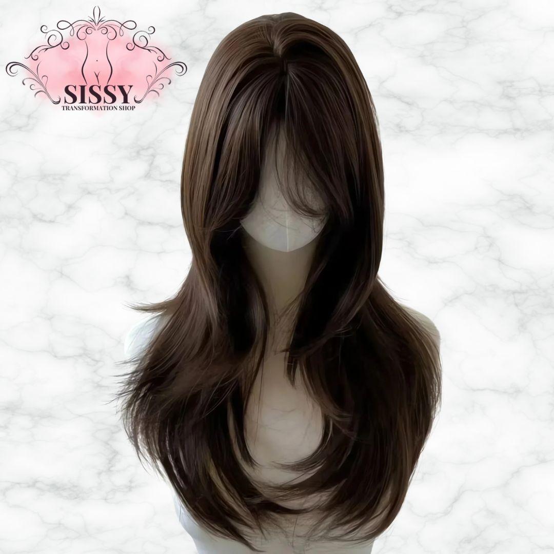 Perruque Sissy marron longue avec des mèches naturelles pour un style élégant