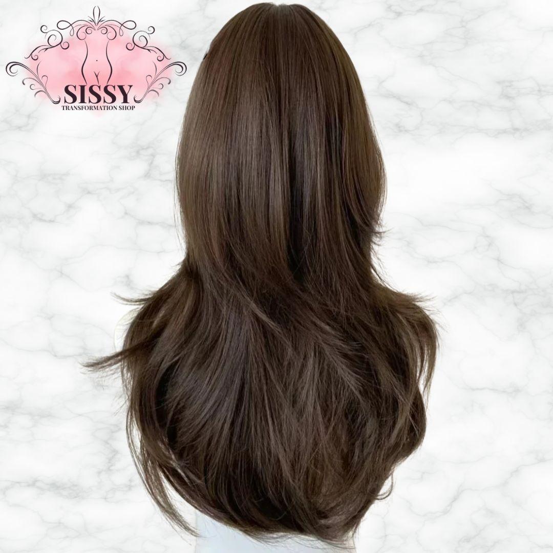 Perruque Sissy marron longue avec de belles ondulations pour un look élégant et glamour