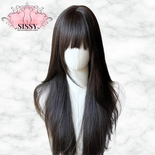 Perruque Sissy Noire Style Lolita avec des mèches longues et droits pour un look élégant