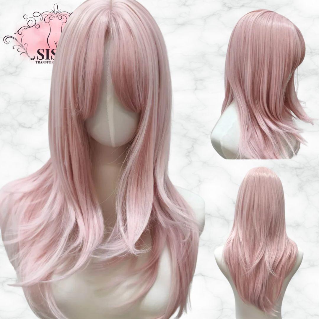 Perruque Sissy rose pastel avec frange rideau, longue et élégante, pour un look moderne et délicat