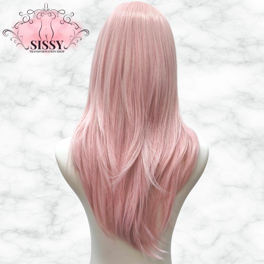 Perruque Sissy rose pastel avec frange rideau, longue et élégante pour un look chic et unique