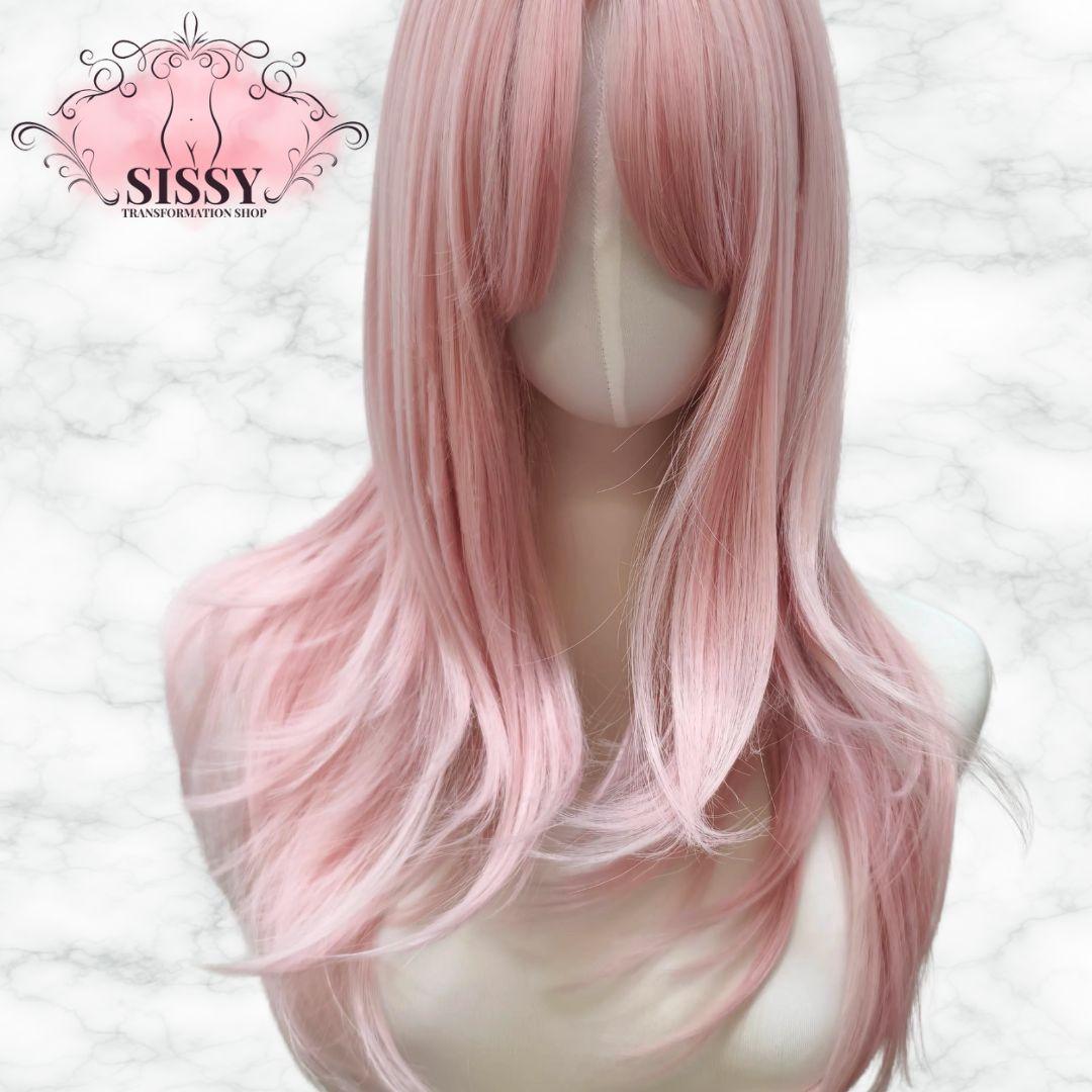 Perruque Sissy rose pastel avec frange rideau, élégante et moderne pour un look tendance