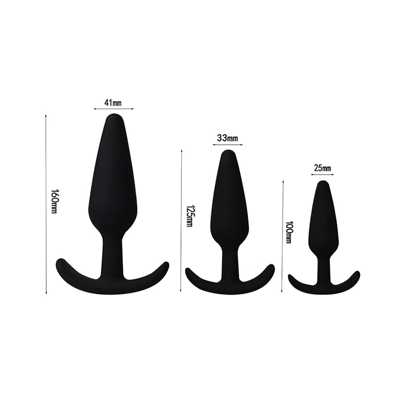 Plug anal en silicone noir de différentes tailles avec mesures pour usage confortable