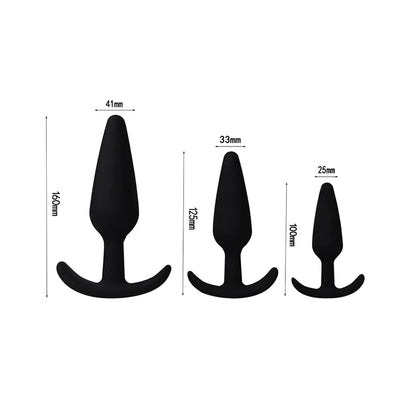 Plug anal en silicone noir de différentes tailles avec mesures pour usage confortable