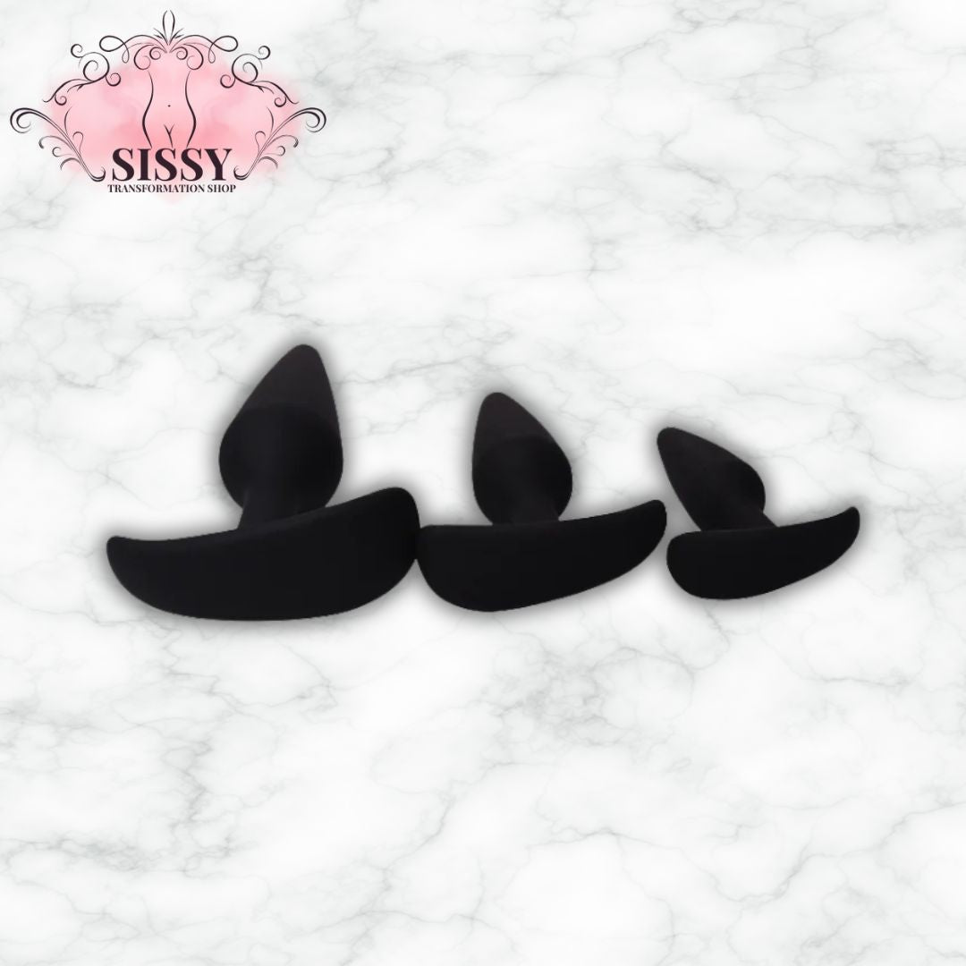 Plug anal en silicone noir de tailles variées pour usage confortable par Sissy Transformation Shop