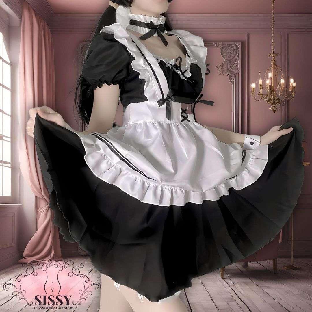 Robe de maid Lolita noire et blanche avec tablier et volants portée dans un décor élégant