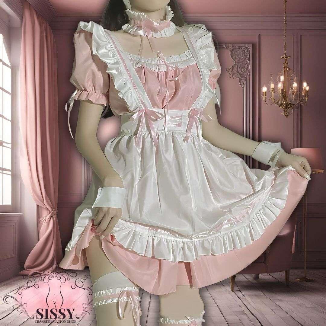 Robe de maid Lolita rose et blanche avec volants et accessoires élégants dans un décor vintage
