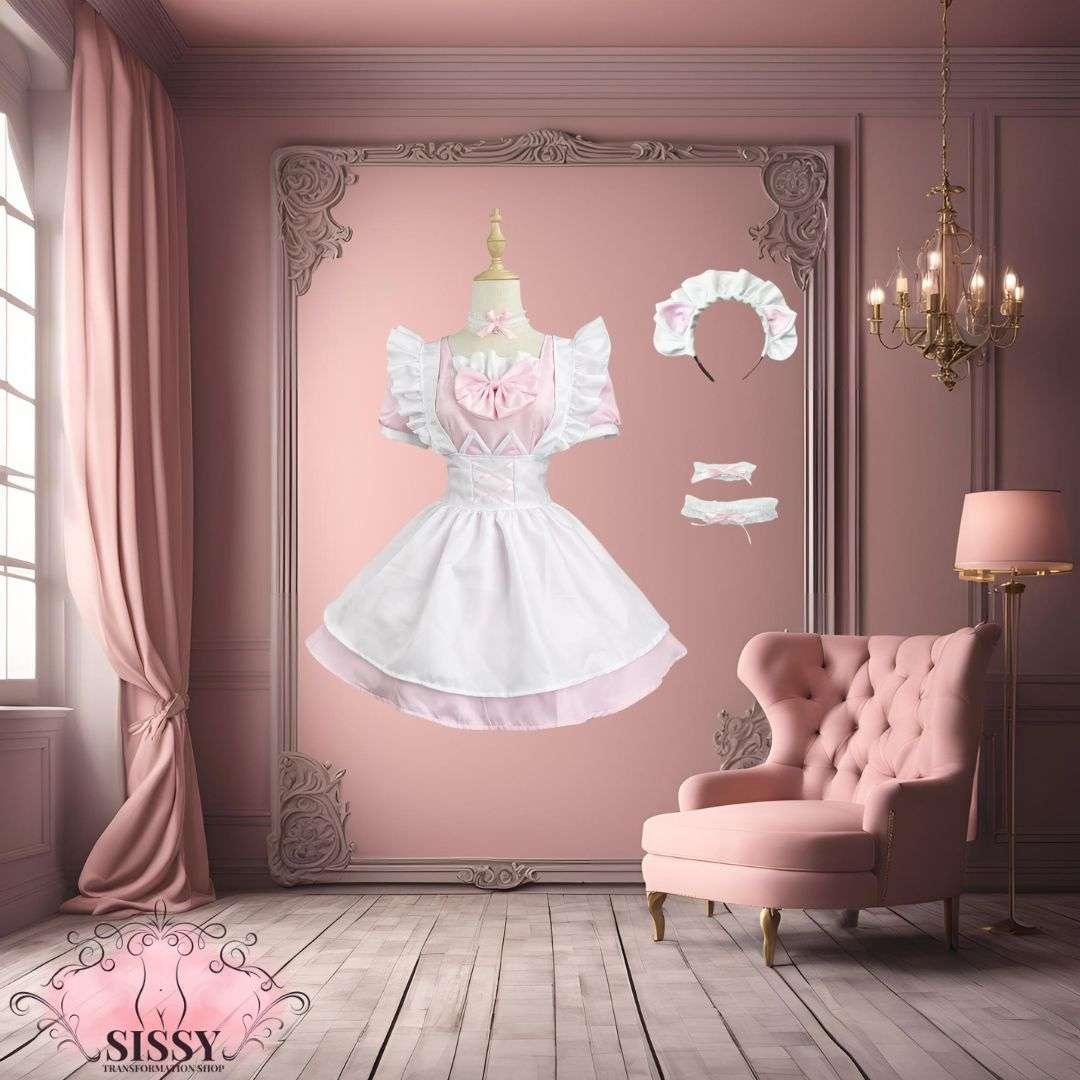 Robe élégante sissy maid blanche et rose avec volant et accessoires présentée sur un mannequin
