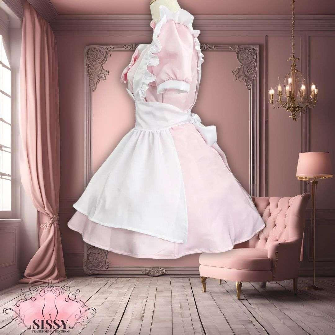 Robe élégante sissy maid rose et blanche avec tablier et volants exposée dans un décor vintage