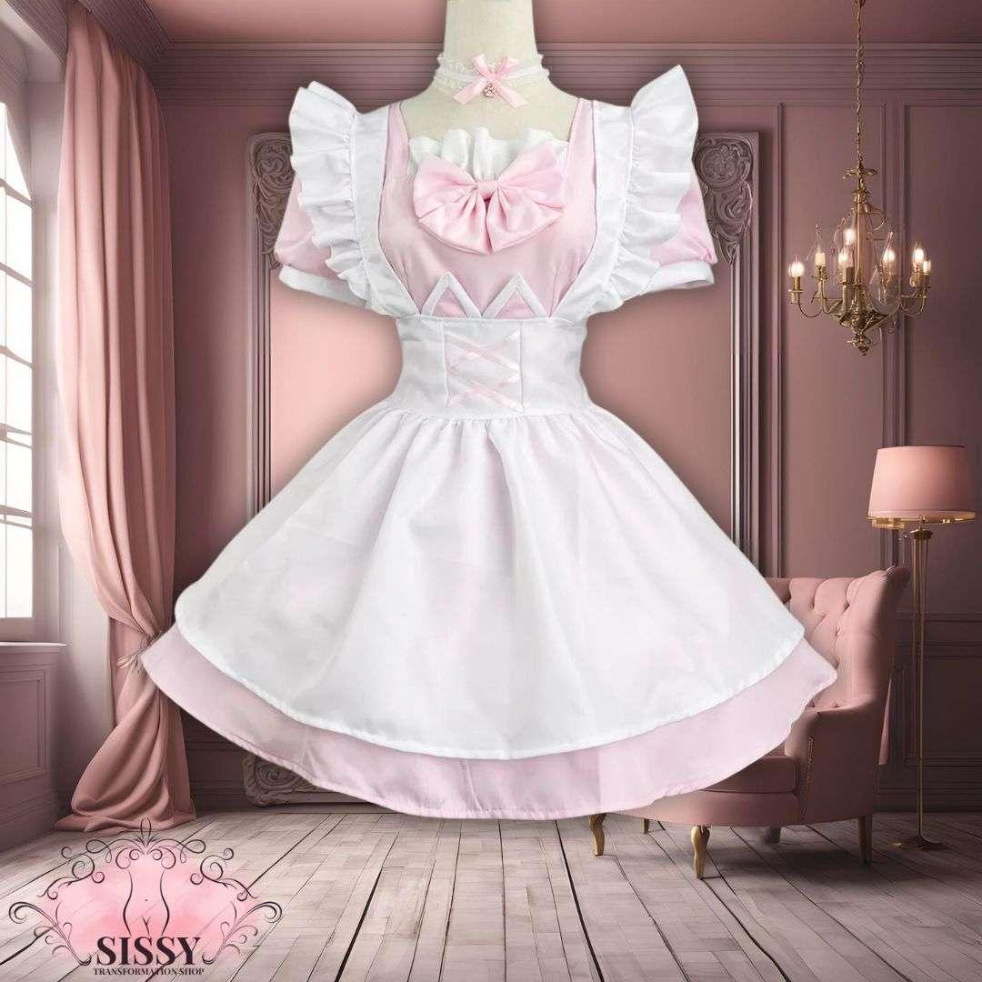 Robe élégante sissy maid rose et blanche avec volants et noeud pour tenue rétro féminine