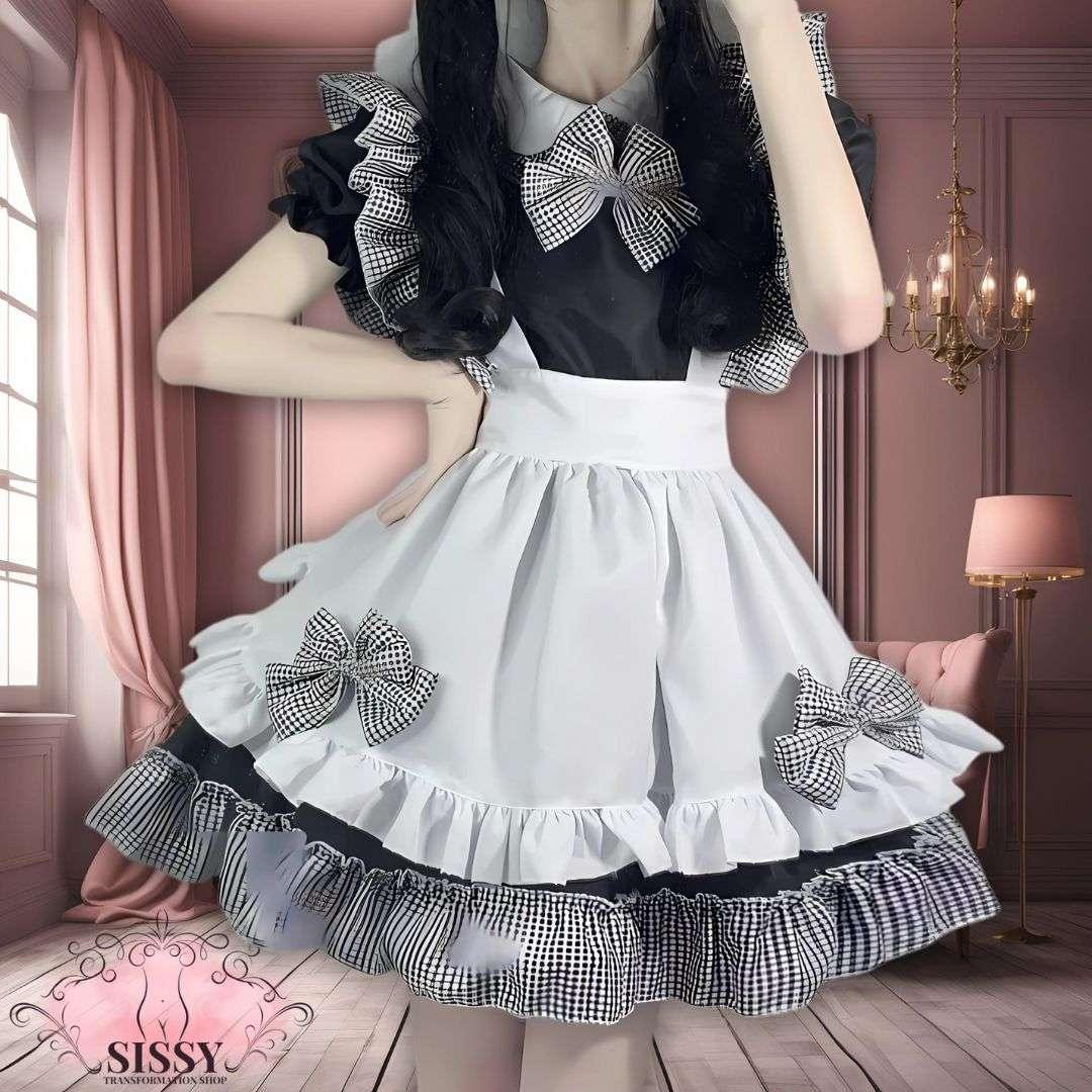 Robe sissy maid kawaii noire et blanche avec tablier et volants style maid élégant par Sissy Transformation Shop