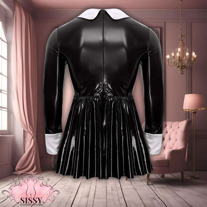 Robe Sissy Maid Moulante noire brillante avec col blanc et manches longues vue de dos