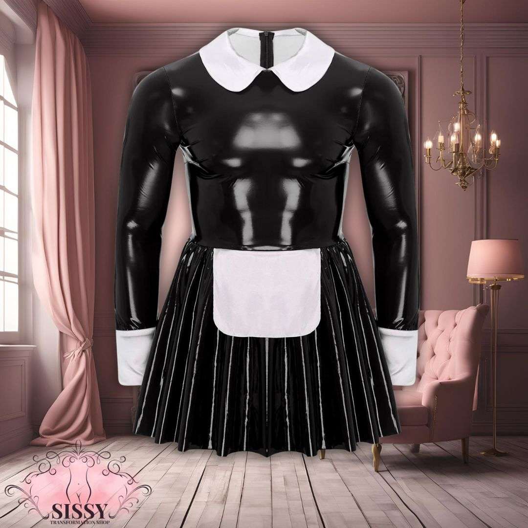 Robe Sissy Maid Moulante noire en latex avec col blanc et tablier dans un salon élégant
