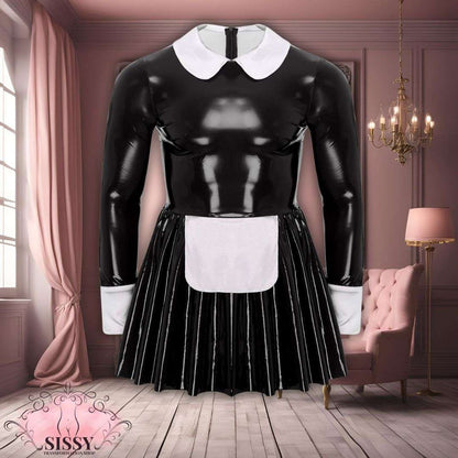 Robe Sissy Maid Moulante noire en latex avec col blanc et tablier dans un salon élégant