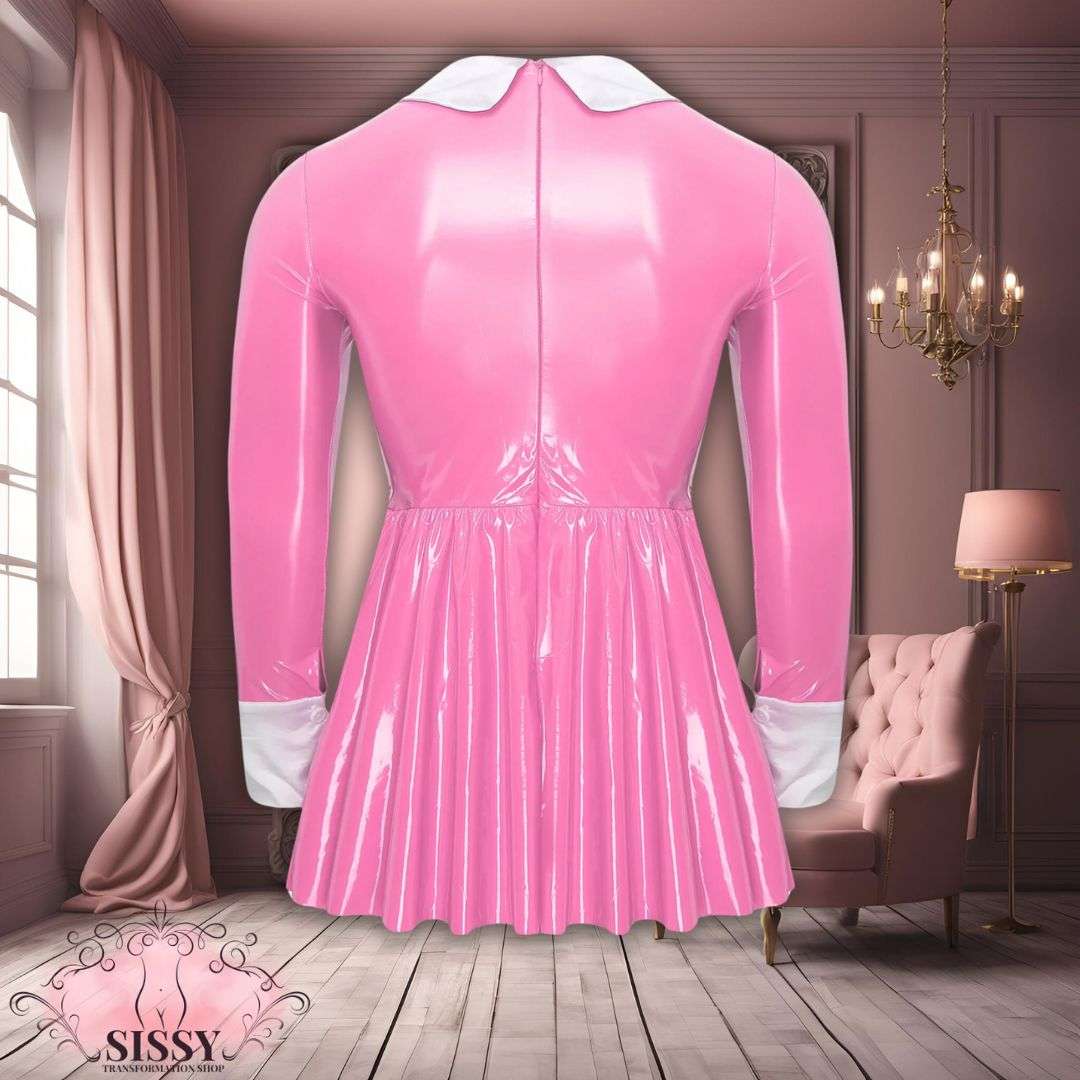 pink latex maid dress Heart Maid's latex Uniform with gorgeous frills decorated throughout