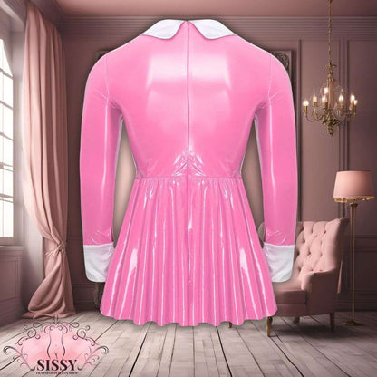 Robe Sissy Maid Moulante rose brillant à manches longues avec col et poignets blancs