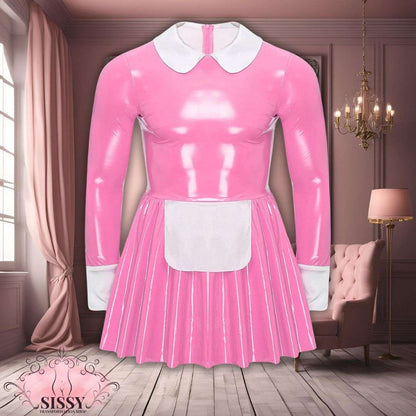 Robe Sissy Maid Moulante rose en latex brillant avec col blanc et tablier, style maid classique