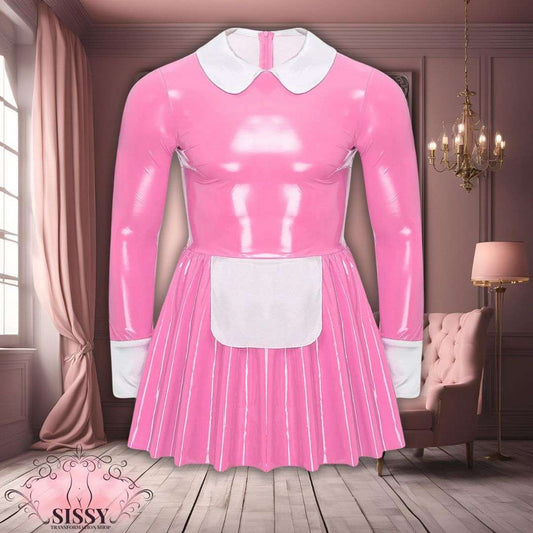 Robe Sissy Maid Moulante rose en latex brillant avec col blanc et tablier, style maid classique