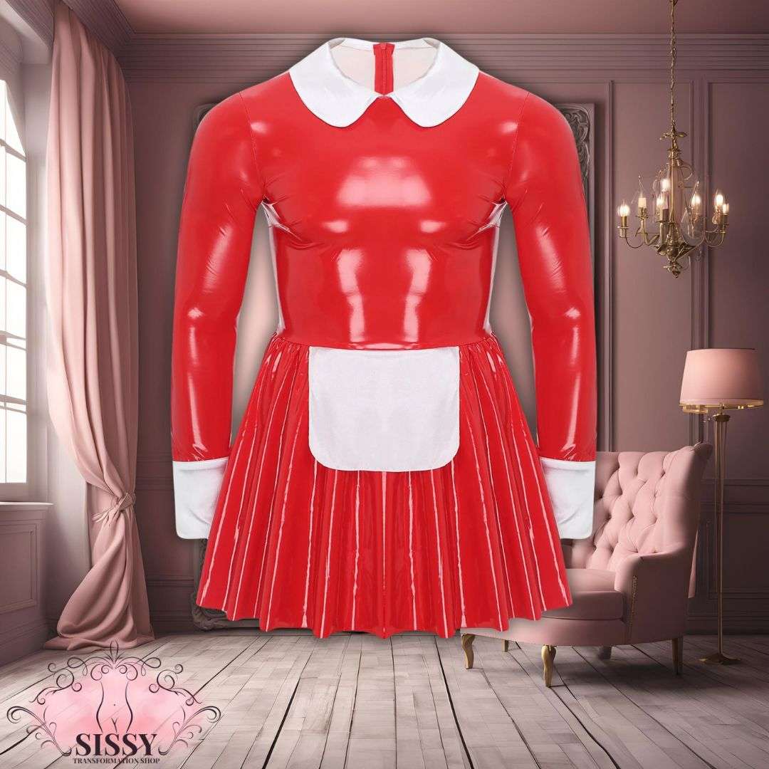 Robe Sissy Maid Moulante rouge en latex avec col blanc et tablier dans un salon élégant