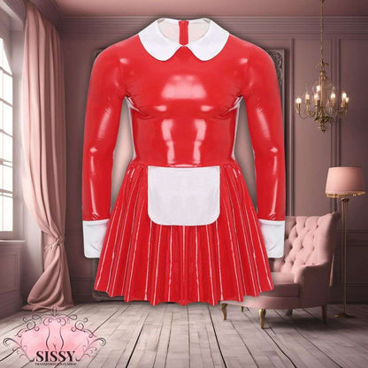 Robe Sissy Maid Moulante rouge en latex avec col blanc et tablier dans un salon élégant